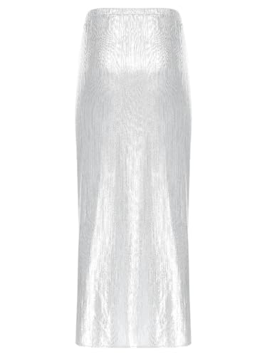 FEESHOW Sequined Shimmering Maxi Skirt for Women Embroidery Side Ruched Slit for Beach Vacation4