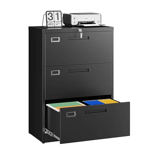 Image of Letaya 3 Drawer File Cabinets with Lock,Metal Lateral Filing Storage Cabinet Printer Stand,Black Steel Home Office Cabinet for Hanging Files Letter /Legal /A4 Size (Black, H39.84xW28.35xD15.74)