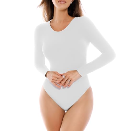 SINOPHANT Long Sleeve Bodysuits for Women Crew Round Neck Basic Stretchy Slim Fit Body Suit Tops White M
