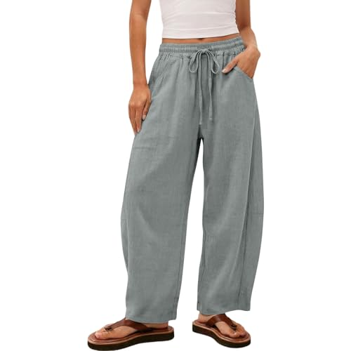 Pantalones Mujer Verano de Algodón Pantalón Casuales Fluido Largo Pantalones Cintura Alta Elástico con Bolsillos Pantalón Comodo Ligeros Verano Frescos