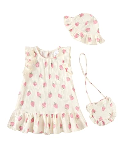 Image of SODLON Baby Girl Dress Summer Clothes Infant Floral Boho Dresses Ruffle Linen Toddler Girls Casual Sundress with Hat and Bag