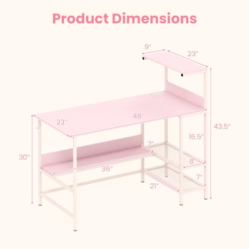 Image of Tangkula 48 inch Reversible Computer Desk with Bookshelves, Home Office Desk with Power Outlets, Hook and Storage Shelves, Writing Study Desk for Living Room, Study Room, Office (Pink)