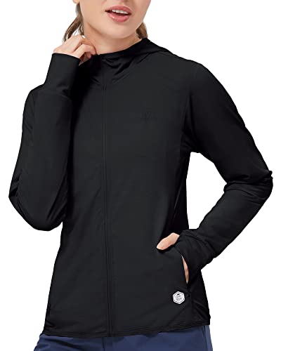 CAMEL CROWN Chaqueta de running para mujer UPF 50+ con capucha, protección solar, ligera, con cremallera completa, para entrenamiento de senderismo, Negro , L Cover