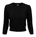 YEMAK Women's Cropped Cardigan Sweater – 3/4 Sleeve Crewneck Basic Classic Casual Button Down Soft Crochet Knit Top MK3514-BLK-XL