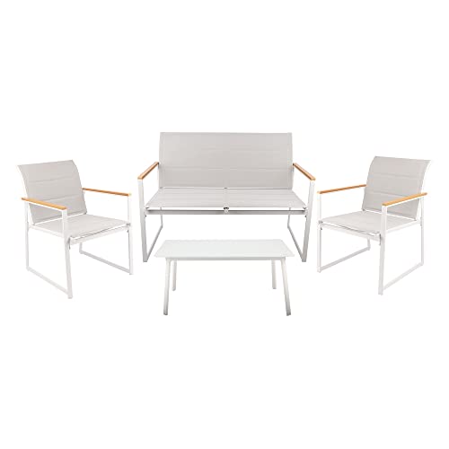 LOLAhome Conjunto de Exterior de sofá, 2 sillones y Mesa | Conjunto de jardín y terraza de Metal Blanco con sofá y sillones tapizados en Tejido técnico Gris y Mesa con Cristal Templado
