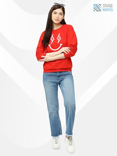 Image of STATUS MANTRA Women's Cotton Round Neck Regular Fit Sweatshirt | Full Sleeves and Smile Printed | Comfort Colour T-Shirt | Available in Multicolor & Size Small to 2XL
