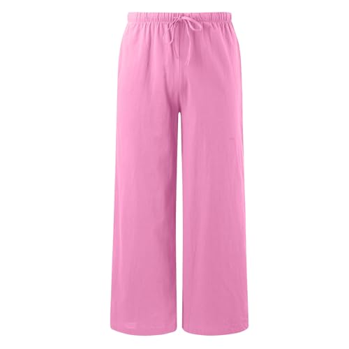 Generic Women's Linen Summer Palazzo Pants Flowy Wide Leg Beach Pants with Pockets Drawstring Elastic High Waist Summer Linen Pant, X-Large, B#_pink3