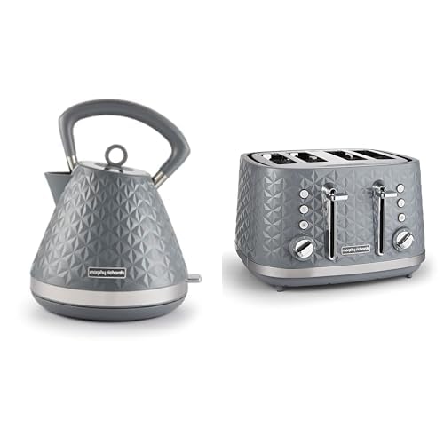 Morphy Richards Vector Pyramid Kettle and 4-Slice Toaster Set – 1.7L Rapid Boil Traditional Kettle with Anti-Limescale Filter & Variable Browning 4-Slice Toaster, Grey 108135 | 248135