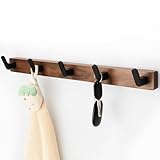 IURRDOP 17 Inch Walnut Wood Wall Mounted Coat Rack with 5 Black Hooks, Adhesive Mounted Entryway Hooks, Modern Natural Wooden Pegs for Hanging Coat Clothes Hat Bag Purse Key and Towel
