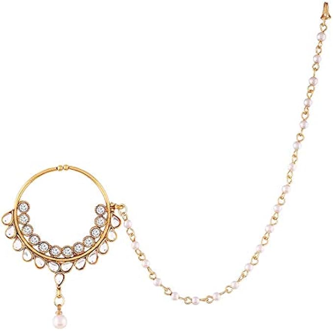 Aheli Classy Wedding Party Wear Nose Ring Nath with Pearl Chain Traditional Saree Jewelry for Indian Women
