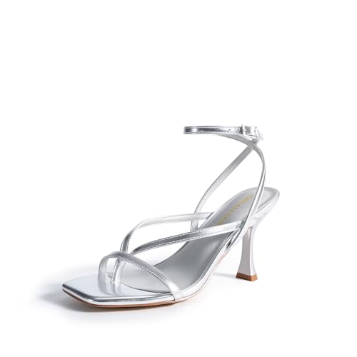 DREAM PAIRS Women's Low Kitten Heels Strappy Design with Lace Up Open Square Toe Thong Ankle Strap Shoes Fashionable Sexy Sylvestra Heeled Sandals for Dressy Occasions,Size 10,Silver,DWUMHS2560