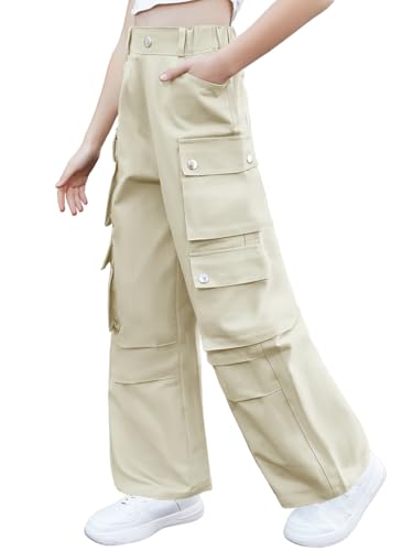 Image of SANGTREE Girls High Waist Casual Y2k Wide Leg Cargo Pants, 4-14 Years