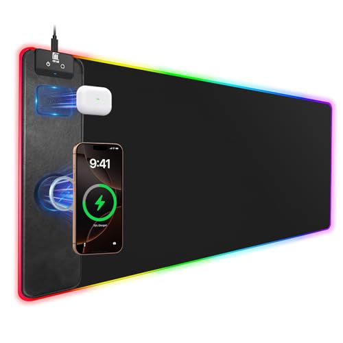 Image of Mouse Pad with Magnetic Wireless Charging, Large Desk Pad Protector, RGB Black Desk Mat with 15W Fast Charger, Non-Slip Waterproof Mousepad for Office Home Gaming