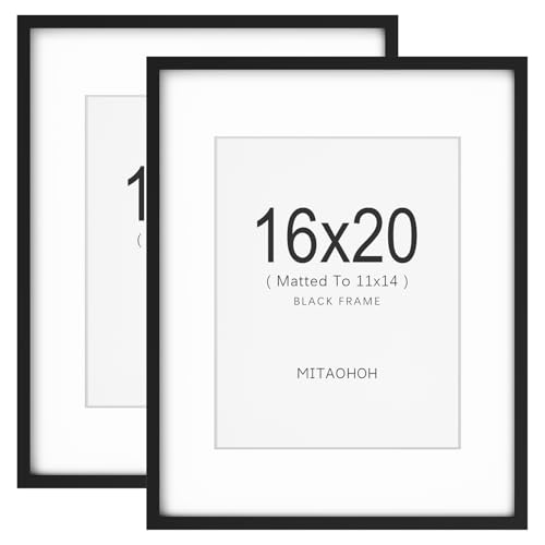 MITAOHOH 16x20 Picture Frame Set of 2, 11x14 with Mat or 16x20 Without Mat Minimalist Style Photo Frame with Plexiglass Cover for Wall Display, Black