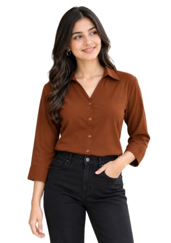 Image of FUNDAY FASHION Women Solid Regular Fit V Collered Casual Shirt