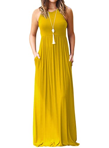 Image of EUOVMY Women's Sleeveless Dress Casual Plain Loose Summer Long Maxi Dresses with Pockets