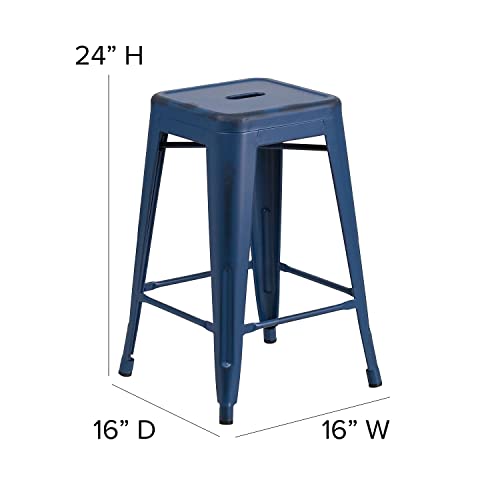 Flash Furniture Kai Commercial Grade 4 Pack 24" High Backless Distressed Antique Blue Metal Indoor-Outdoor Counter Height Stool #TOP2