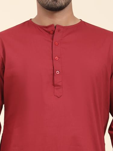 Image of Amazon Brand - Anarva Men's Cotton Solid Round Neck Kurta Long Sleeves Straight Knee Length Casual Shirt