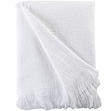 Sticky Toffee Muslin Throw Blanket 60x50 in – White Lightweight 100% Cotton Blanket for Couch or Bed, Soft and Breathable, Boho Farmhouse Style