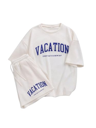 Image of Verdusa Girl's Tracksuit Sets 2 Piece Outfits Letter Print Vacation Tee Top and Drawstring Waist Shorts