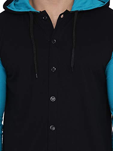 Image of Geum Men's Full Sleeve Hooded T-Shirt with Button-Down Front | Casual Slim Fit Cotton Shirt-Style Tee