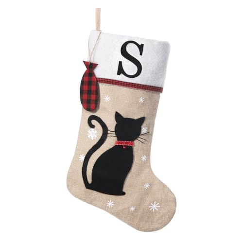 Shgngle 20 Inches Pets Initial Christmas Stocking,Cat Christmas Stocking Personalized with Wood Fish Tags Hanging Ornament,Xmas Gifts for Pets(Letter S)
