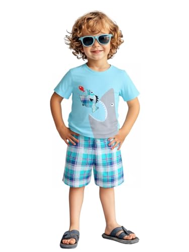 Image of HILEELANG Toddler Boy Summer Short Clothes Sets Cotton Crewneck Tees Shorts Pocket Adjustable Knite Shorts Playwear Sets