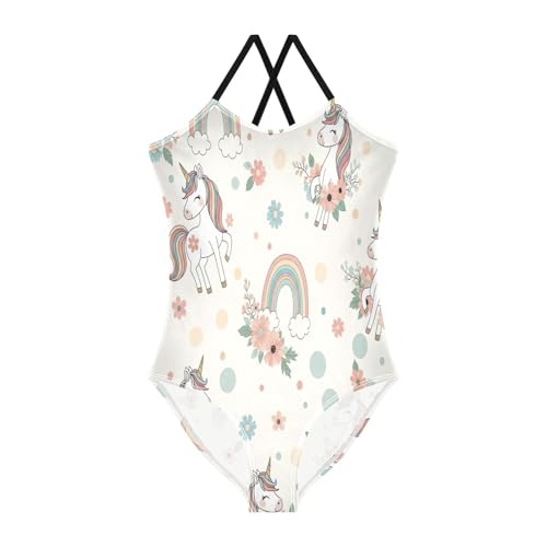 Unicorns Rainbow Manes Tails One Piece Girls Swimsuit with Adjustable Shoulder Strap, Beach Bathing Suits Girls, 3-10