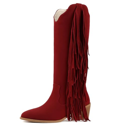 Image of KiutSymo Cowgirl Fringe Boots For Women White Tassels Cowboy Boots Knee High Pointed Toe Western Boots