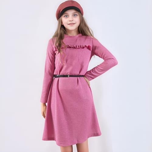 Flofallzique Girls Long Sleeve Dress Winter Kid Casual Shimmer Clothes for 4-12 Years3