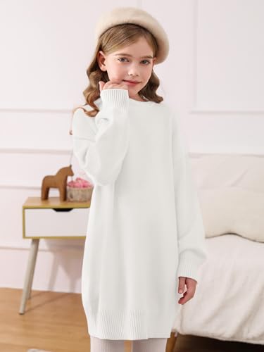 Image of Haloumoning Girls Sweater Dress Casual Crewneck Knit Long Sleeve Fall Winter Dress Pullover 5-14Y White