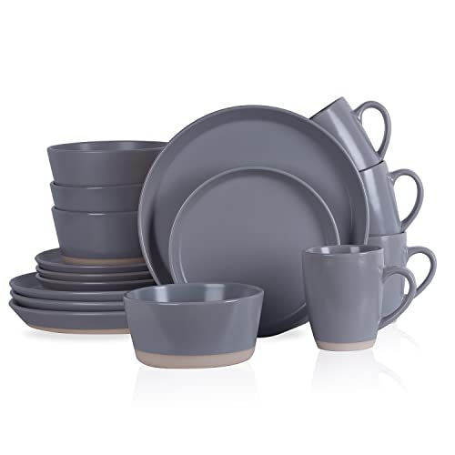 Image of Stone Lain Jules Modern Stoneware 16-Piece Round Dinnerware Set, Plates and Bowls Sets, Dish Set for 4, Grey