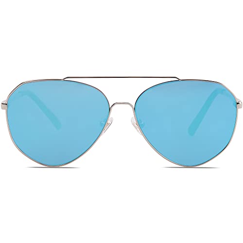 SOJOS Oversized Classic Sunglasses Mirrored Flat Lens for Men Women UV400 SJ1083 with Silver Frame/Blue Mirrored Lens