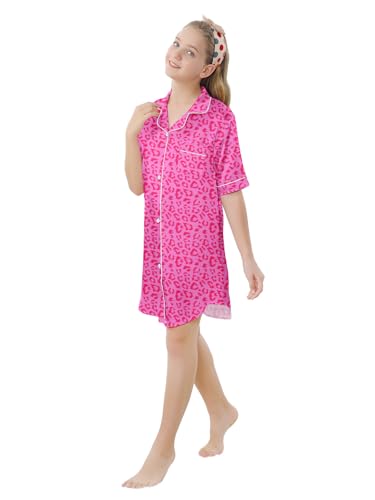 Image of Schbbbta Girls & Women Silk Nightgown, Short Sleeve Button Down Satin Nightshirt Pajama House Dress, 3 Years- Women 2XL