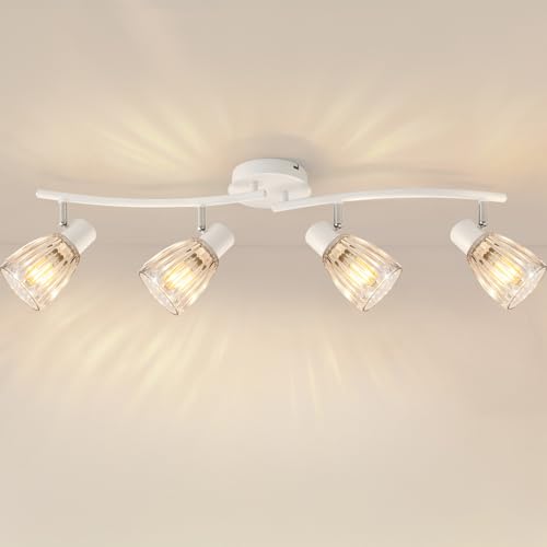 HiBay 4-Light Track Lighting White, Adjustable Modern Ceiling Light Fixture w/Glass Shades, Flush Mount Ceiling Wall Spotlight Indoor for Bathroom, Kitchen, Living Room, E12 Base, No Bulbs