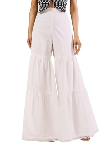 Image of FIORRA Women Relaxed Fit White Cotton Tiered Sharara