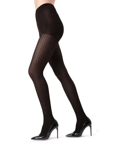 MeMoi Chevron Control Top Tights, Medium-Weight Smoothing Tummy Control Tights, 60 Denier - Sizes Small to Queen 2, Black, Small/Medium