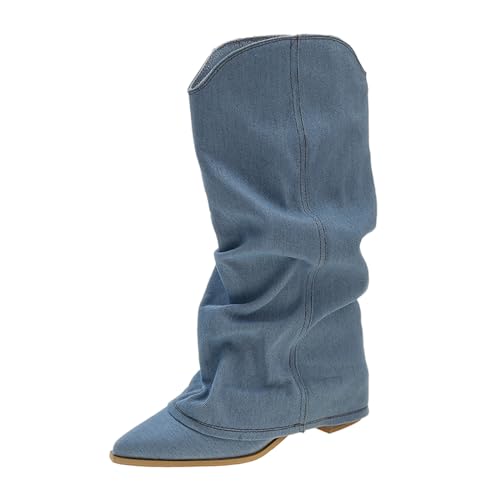 Women's Denim Block Heel Fold Over Knee Boots Fashion Pull On low chunky heel Casual Long Boots Y2K Cowgirl Wide-Calf Boots