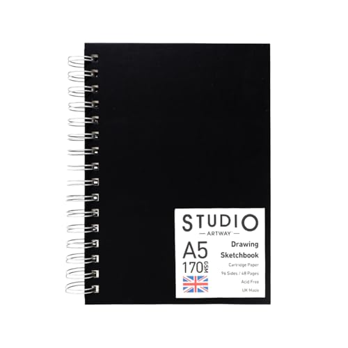 Artway Studio – Spiral Bound A5 Sketchbook – Portrait - 96 Sides/48 Pages of 170gsm Cartridge Paper – Black Hardback Sketchbook