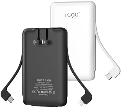 TG90° 2 Pack Portable Charger with Built-in Foldable AC Wall Plug and Cables, 5000mAh 3 Outputs Battery Pack Mini External Power Bank Compatible with iPhone and Android Smart Devices