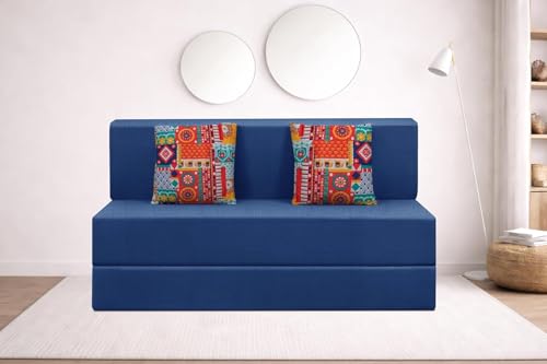 Image of Rosebell Two Seater Foldable Sofa Cum Bed (4x6 Feet) Jute Fabric, Washable Removable Cover, | Space Saving Convertible Sofa Bed for Home, Office & Guests - Blue