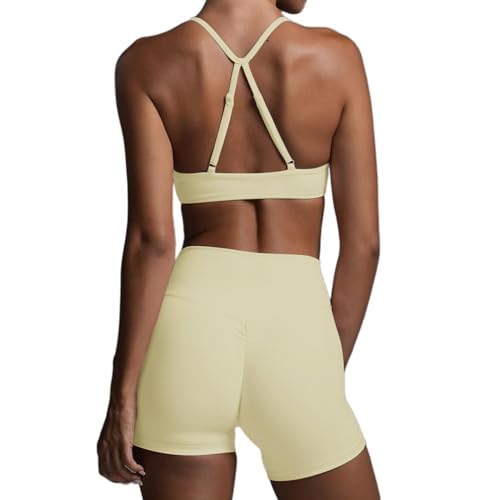 CURT SHARIAH 2-teiliges Workout-Set für Damen, gedrehte Vorderseite, Sport-BH, hohe Taille, Biker-Shorts, gelb, XL