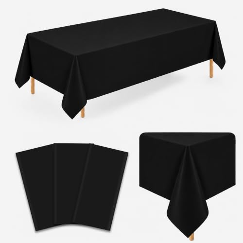 Image of WNINK 3 Pack Black Plastic Tablecloths, 54 x 108 Inch Disposable Covers | Ideal for Halloween, Birthdays, Graduations and Weddings, Helping Protect Tabletops from Spills and Simplify Cleanup