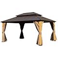 10x14FT Cedar Wood Gazebo, Solid Wood Hardtop Gazebo with Galvanized Steel Double Roof, Netting & Curtains, Outdoor Gazebo for Patio, Backyard, Deck, Lawns