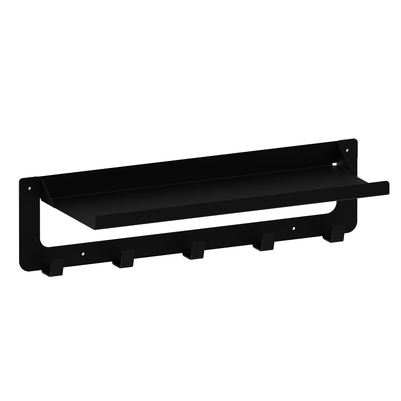 gamet® WS48, perchero metálico de 5 ganchos con estante, fabricado en acero, para la pared. 1 unidad, color negro mate.