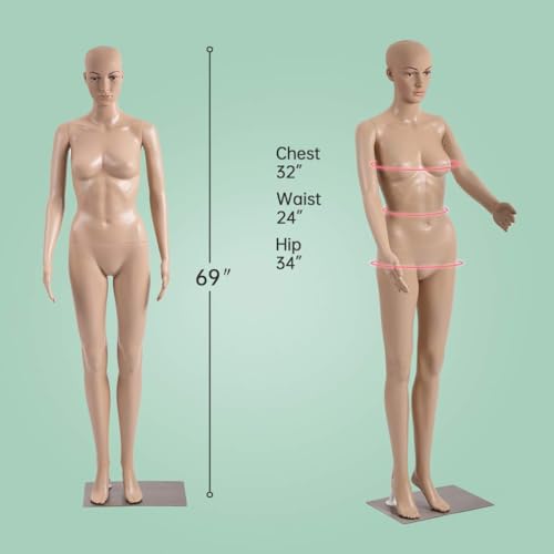 Female Full Body Retail Mannequin Polypropylene (PP) Sewing Mannequin 69 inches Torso Detachable Stand Head Arm Rotation Metal Base for Display Clothing