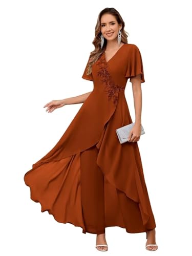 2 Pieces Mother of The Bride Dresses Pant Suits Chiffon Outfit Women's Jumpsuit Burnt Orange