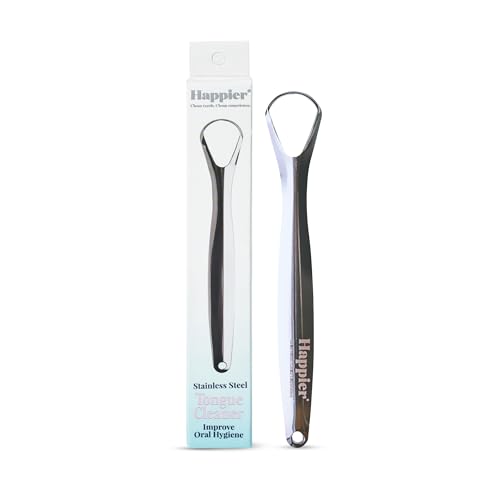 Happier Tongue Scraper - Stainless Steel Tongue Scrapers for Adults - Plastic Free Tongue Cleaner with Ergonimic Handle Restore Fresh Breath for Men and Women