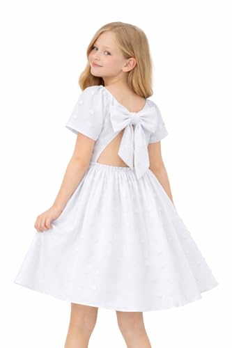 Image of HILEELANG Girls Summer Dress Bow Tie Back A-Line Party Dress for Little Big Girls Short Sleeve Dress with Lining 6-12 Years