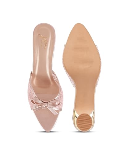 Image of JM LOOKS Women's Kitten Mules Heels Glitter Sparkle Heel with Bow Open Pointed Toe Stiletto Low Heels Party Dress Slip On Backless Sandals